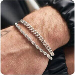 Mens Silver Chain Bracelet Set Figaro Cuban Link Adjustable 7 to 9 Inch Gift